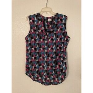 Manhattan Blues Sleeveless Shirt Womens Medium Blue Pink Triangle Geometric Top
